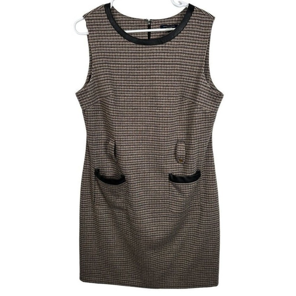 Tommy Hilfiger Houndstooth Sleeveless Sheath Dress Brown Black Faux Leather Trim